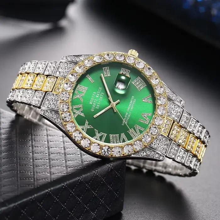Offre spéciale diamant Bling montre hommes couleur or cadeau de luxe montres à Quartz mâle horloge livraison directe strass calendrier montre-bracelet