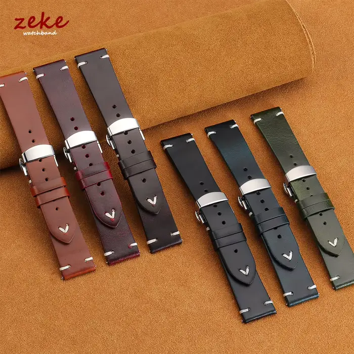 Bracelet de montre en cuir huilé vintage 18mm20mm 22mm pour Seiko Boucle papillon Couture