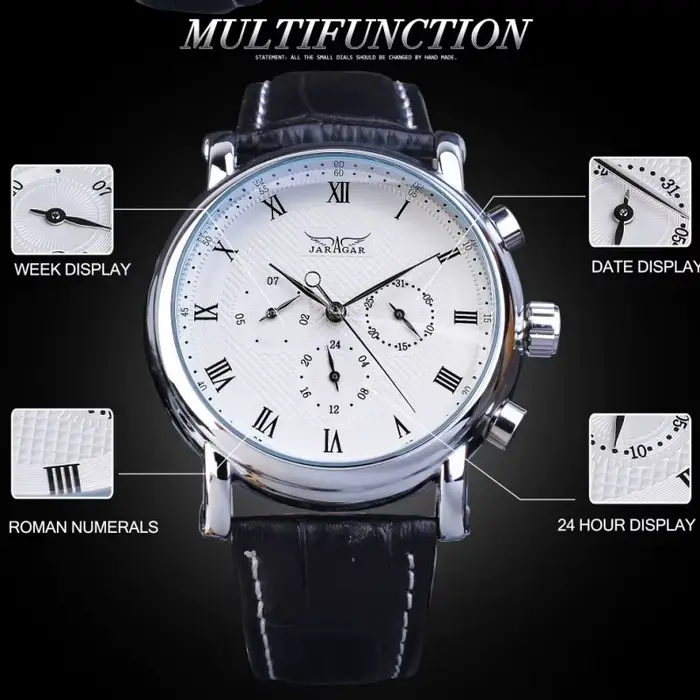 JARAGAR 1166 montre mécanique automatique pour hommes Six aiguilles chiffres romains cadran bracelet en cuir véritable semaine Date montres d'affaires