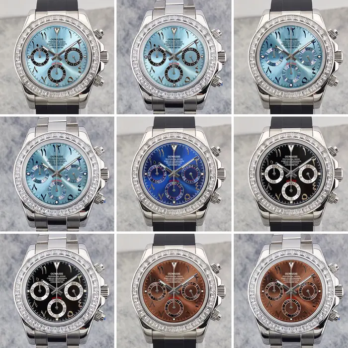OUMASHI 42mm argent diamant lunette Index arabe montre chronographe pour hommes VK63 mouvement à Quartz lumineux verre saphir étanche