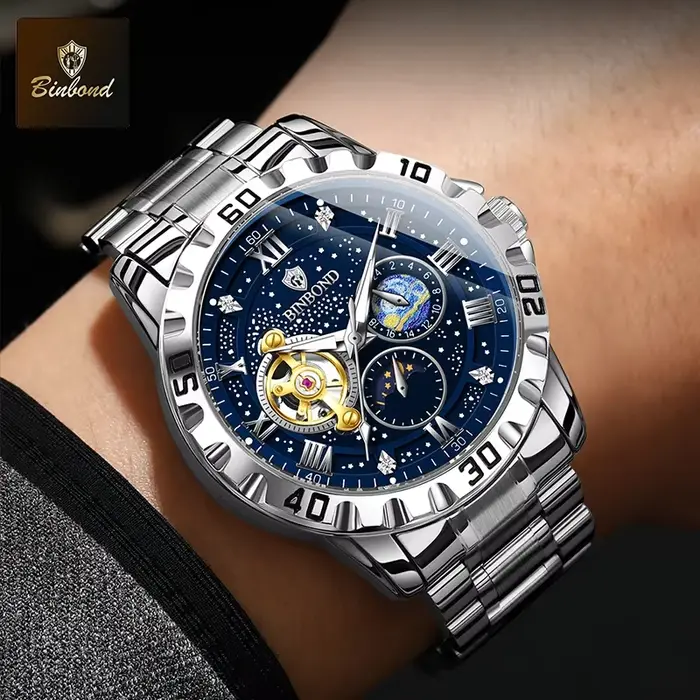 BINBOND Top luxe hommes montre mécanique automatique Phase de lune homme montre-bracelet creux Tourbillon acier