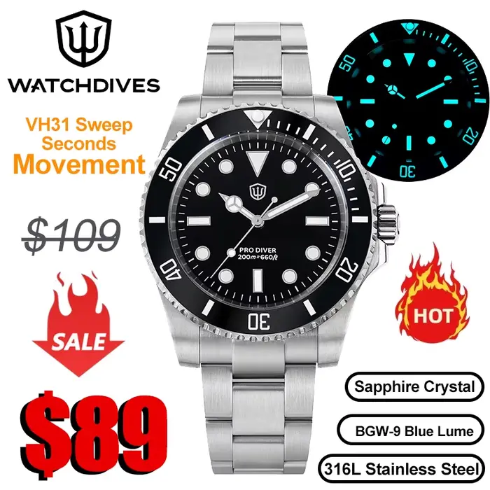 Watchdives WD1680Q V2 VH31 balayage mouvement à Quartz montre de luxe haut marque saphir acier inoxydable 20Bar étanche hommes montres