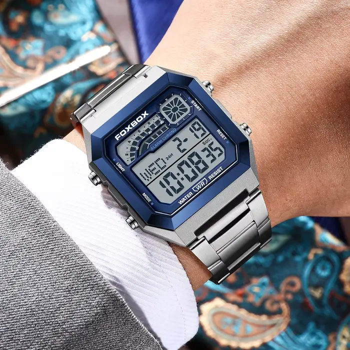 Montre FoxBox Carré Numérique Résistante à L'eau Homme Occasions Spéciales Affichage Lumineux Élégance Polyvalente Décontractée