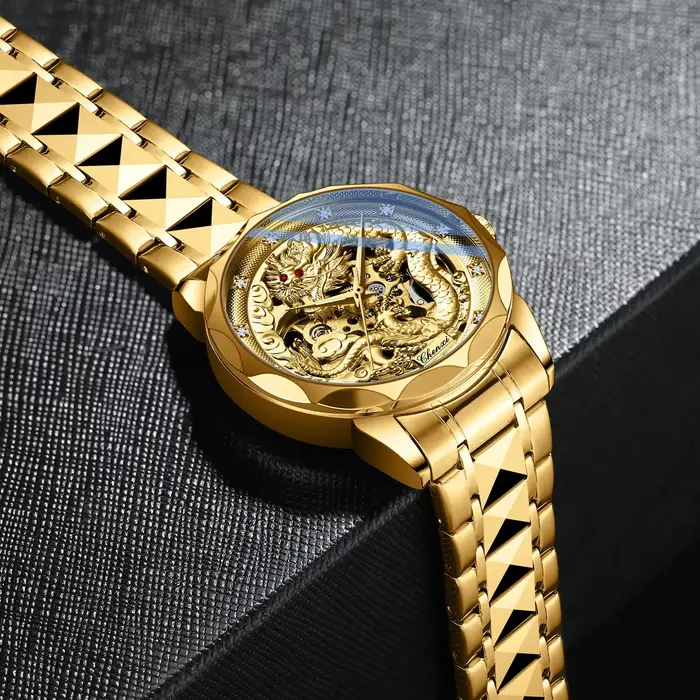 Montre automatique CHENXI 8899 avec motif dragon doré en relief 3D pour hommes, culture et art chinois, résistance à l'eau, mouvement automatique, acier inoxydable