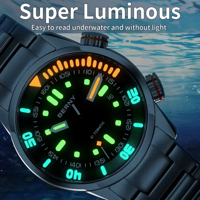 Montre de plongée BERNY avec mouvement automatique Miyota 8215 résistante à l'eau 200m pour hommes aventuriers et amoureux de la mer occasions spéciales et plongée sportive