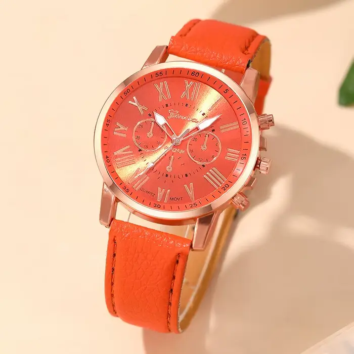 Reloj Mujer Mode Femmes Montres Dames Orange Cuir Quartz Montre-Bracelet