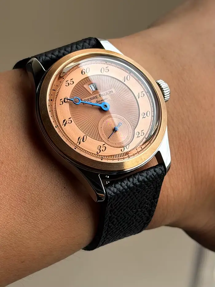 Montre en acier inoxydable et cuir avec lunette en bronze saumon, mouvement automatique, fenêtre date, résistance à l'eau 50m, pour homme, occassions spéciales et quotidiennes