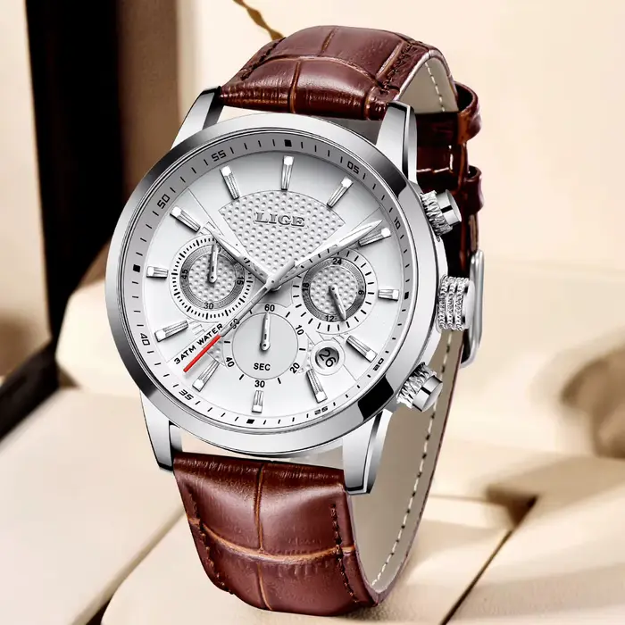 Nouvelle montre LIGE en cuir marron pour hommes, montre sportive quartz, résistante à l'eau, avec chronographe et affichage lumineux pour les occasions spéciales