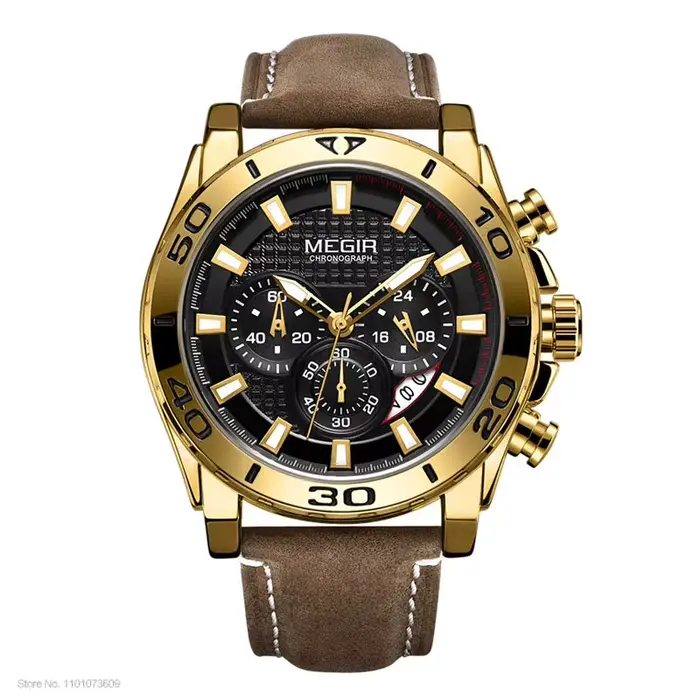MEGIR hommes armée sport chronographe montres à Quartz bracelet en cuir lumineux étanche montre-brac
