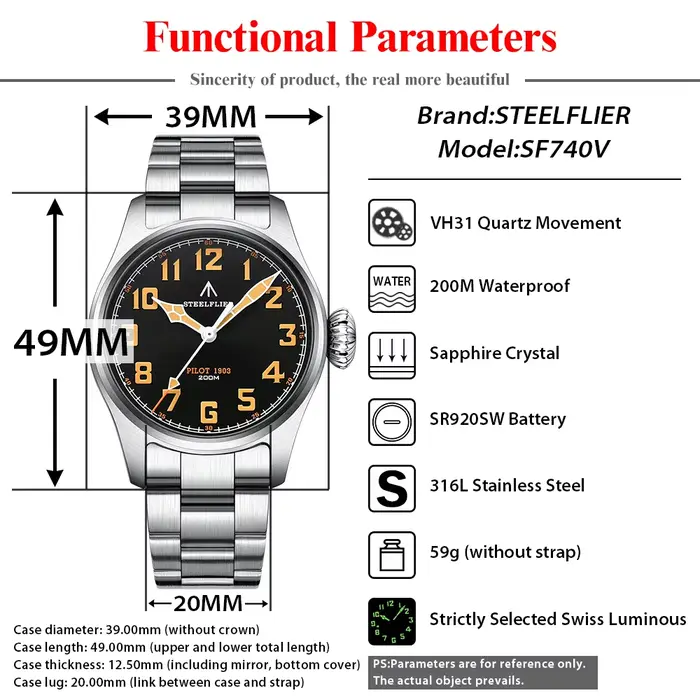 STEELFLIER officiel SF740V nouvelle série pilote à Quartz suisse C3 lumineux 200M étanche mouvement VH31 montre d'affaires de mode pour hommes