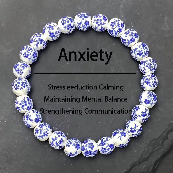 Bracelet de perles en céramique de porcelaine bleue et blanche à la mode, corde élastique faite à la