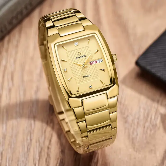 Montre-bracelet carrée en acier inoxydable doré pour homme