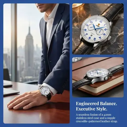 Montre mécanique automatique série chronographe acier 42mm avec bracelet en cuir pour homme fonction chronographe et calendrier complet occasions spéciales