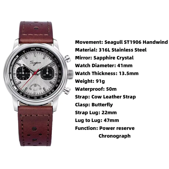 Sugess montre pilote hommes ST1906 mouvement main vent chronographe montres saphir étanche