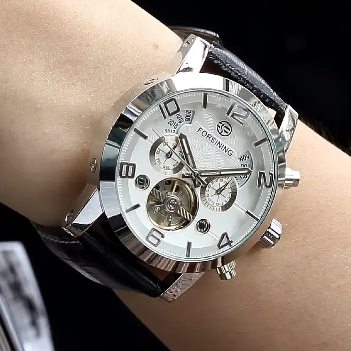 Montre homme FORSINING automatique mécanique, date, jour, calendrier complet, tourbillon, squelette,