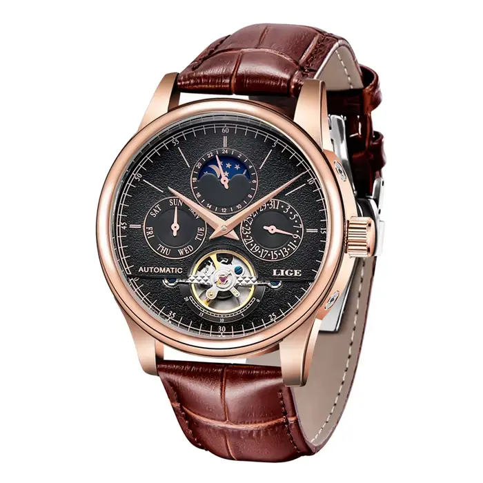 LIGE hommes montres automatique montre mécanique Tourbillon horloge en cuir véritable montre étanche