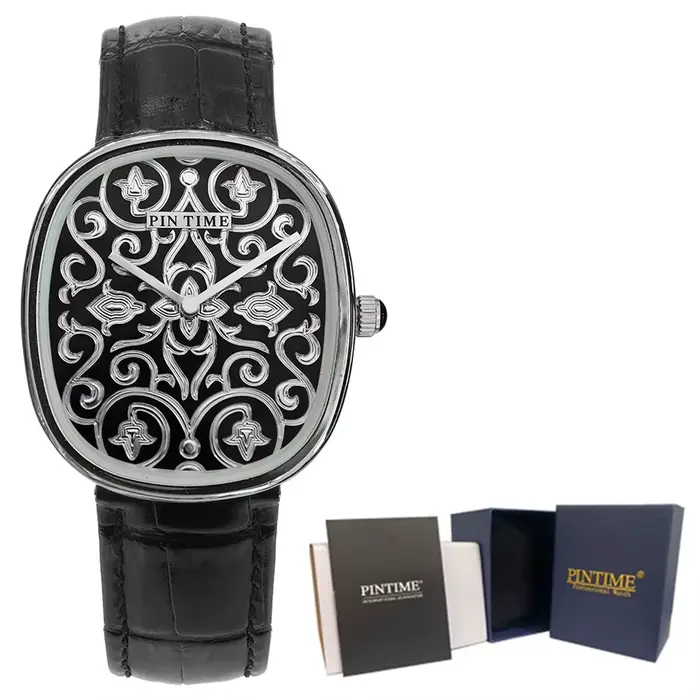 Montre-bracelet à quartz pour homme, montre noire ovale, émail noir gravé, motif arabe, bracelet en 