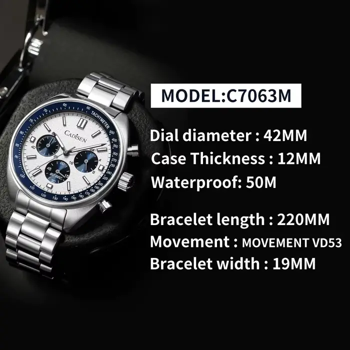 CADISEN montre chronographe de Sport pour hommes japon VD53 Movt montres à Quartz verre saphir montre-bracelet en acier