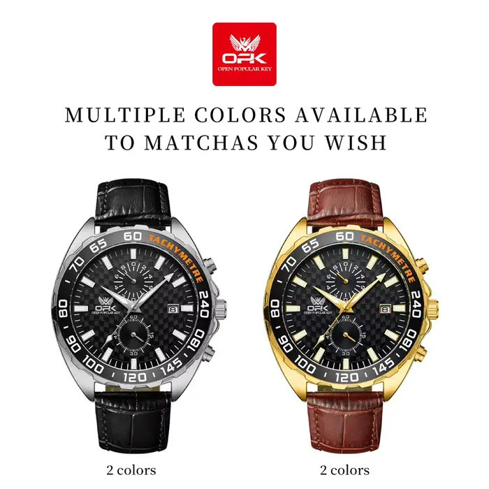 Montre à quartz OPK 8163 avec tachymètre, date automatique et chronographe pour homme, résistante à l'eau, bracelet en cuir, style mode et décontracté