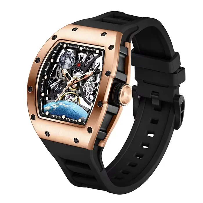 Montre mécanique automatique creuse, étanche 5 ATM, bracelet en silicone sport, logo personnalisé, m