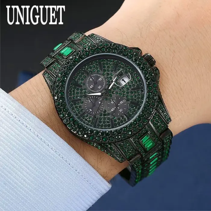 Vente chaude montre de glace rouge pour hommes marque de mode UNIGUET Hip Hop plein diamant luxe en acier inoxydable bijoux Quartz montre-bracelet homme