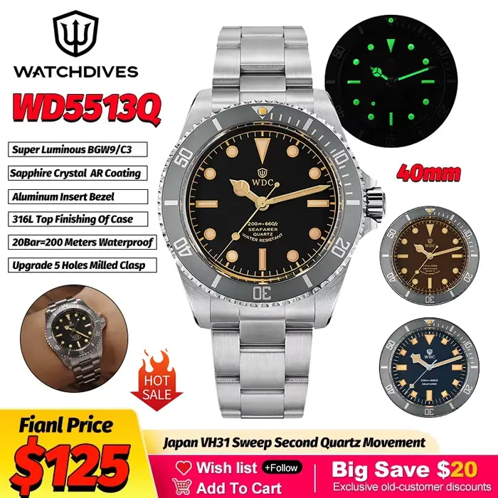 Montre de plongée quartz vendange avec lunette aluminium résistante à l'eau pour hommes océan vintage