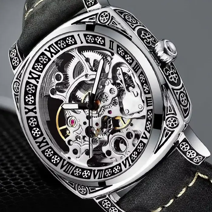 Montre Squelette Luxe Homme Automatique Carré Gravé Bracelet Acier Cuir Aiguilles Lumineuses Occasions Spéciales