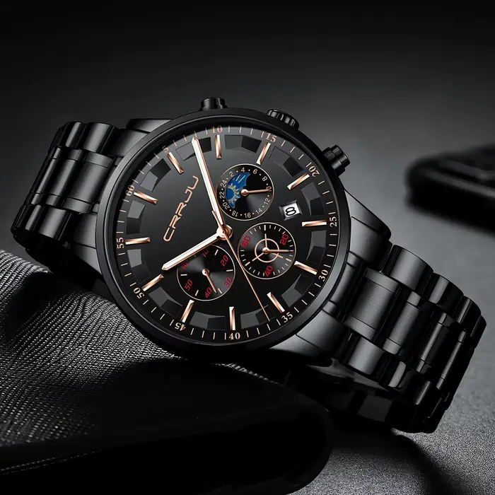 CRRJU-Montre à quartz étanche en acier pour homme, montres de sport, horloge noire, mode d'affaires, marque supérieure, luxe