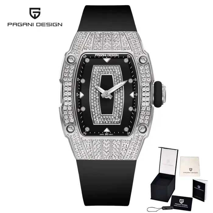 PAGANI DESIGN Top luxe diamant incrusté montre pour femme mode caoutchouc étanche lumineux vin seau