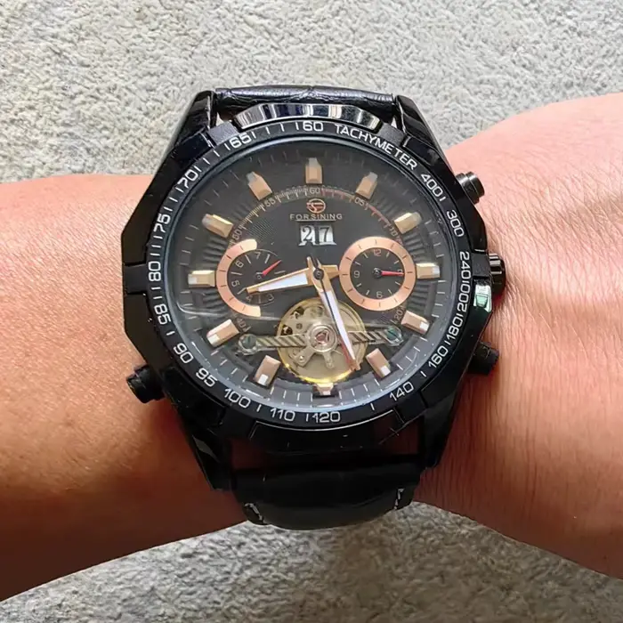 Nouveau noir hommes montres automatique mécanique montre Tourbillon horloge en cuir véritable