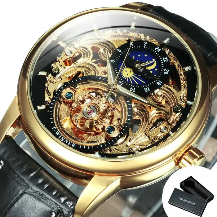Montre de luxe T-WINNER avec tourbillon doré et bracelet en cuir pour hommes occassions formelles et informelles
