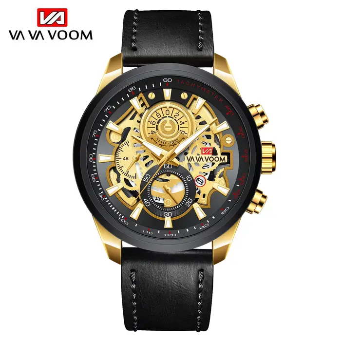 VA VA VOOM marque hommes montre en cuir mode équipement industriel horloge 45mm or Quartz mouvement 
