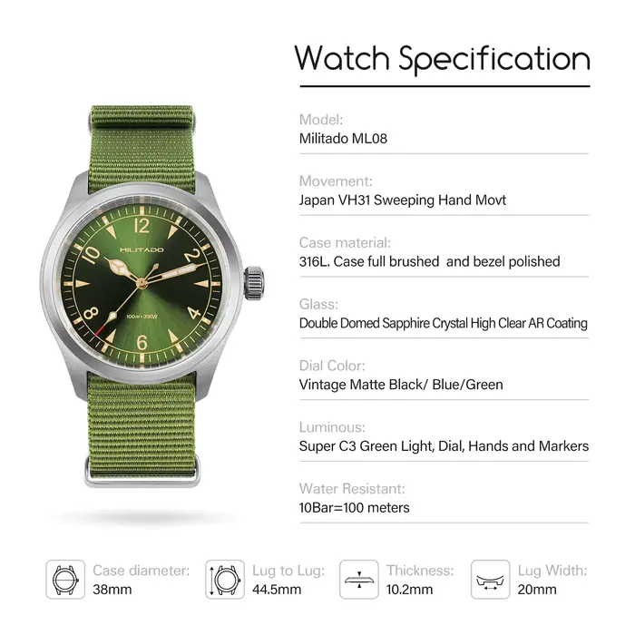 Montre Militado en acier inoxydable avec cristal de saphir bombé pour homme occasion spéciale vintage quartz resistant à l'eau