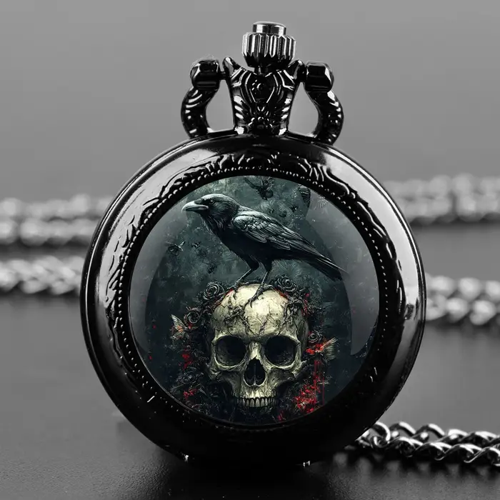 Montre de poche vintage à quartz motif lune crâne corbeau bijou unisexe chaîne acier inoxydable pour homme femme occasions spéciales