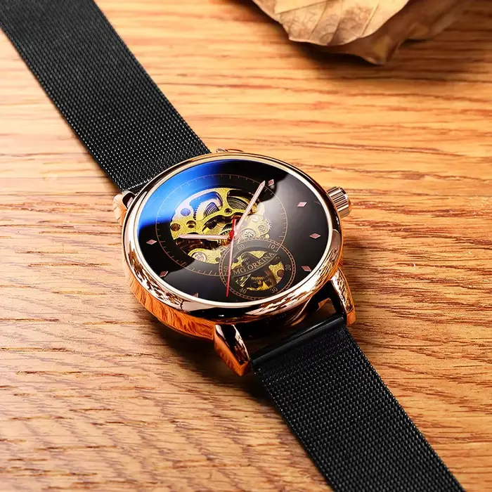 Montre Mécanique MG.ORKINA Boîtier Or Rose Squelette Hommes Bracelet Acier Inoxydable Occasions Spéciales