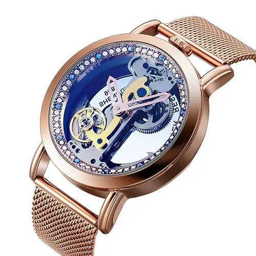 Montres mécaniques classiques pour femmes avec grand cadran, bracelet en maille, squelette transpare