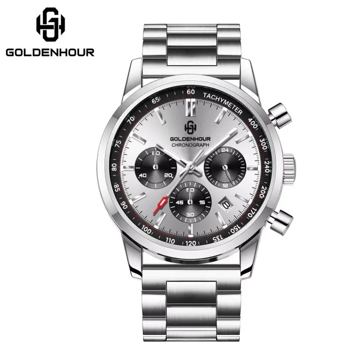 Montre de luxe pour homme GOLDEN HOUR, acier inoxydable, étanche, chronographe lumineux, quartz, mon