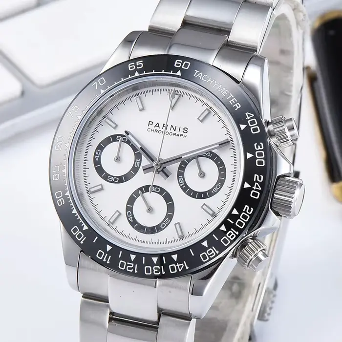 Montre homme Fashion Parnis avec cadran 39mm chronographe quartz acier inoxydable résistance à l'eau cristal saphir occasionnels élégants