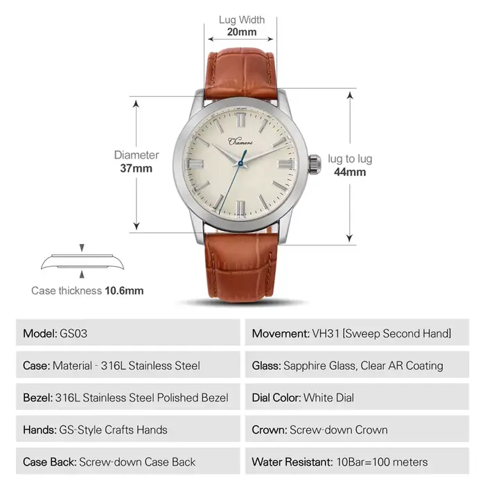 Montre Vintage GS03 en Acier Inoxydable 316L avec Verre Saphir et Mouvement Quartz VH31 pour Homme Occasions Spéciales
