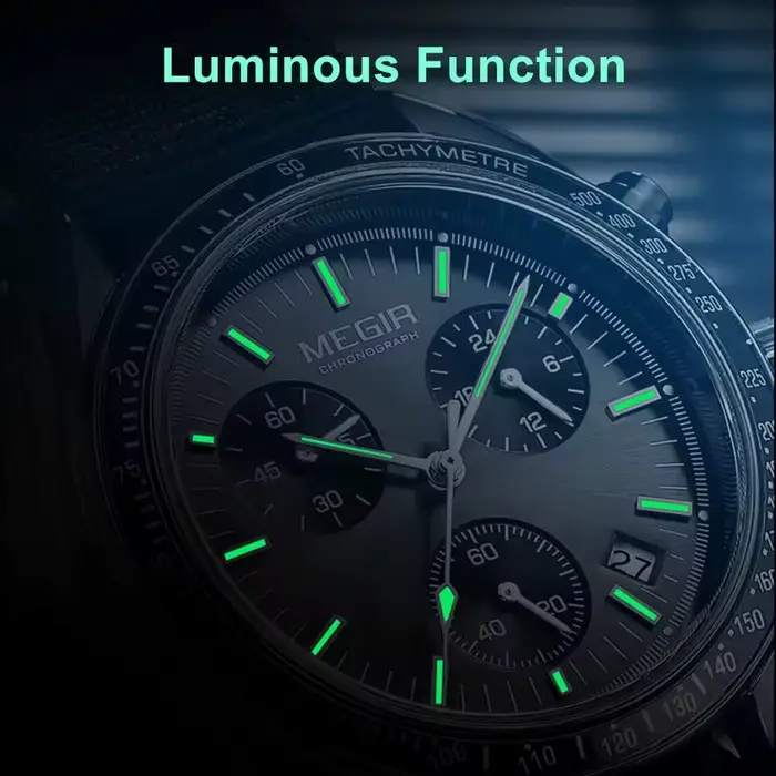 Nouvelle montre sport noire chronographe MEGIR résistante à l'eau avec calendrier complet et lunette luminescente pour homme occasions spéciales