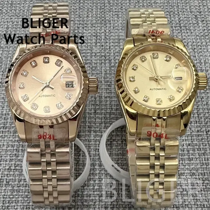 BLIGER 26mm montre mécanique pour femme cadran entièrement en or/or Rose index diamant verre saphir bracelet en acier inoxydable mouvement NH05