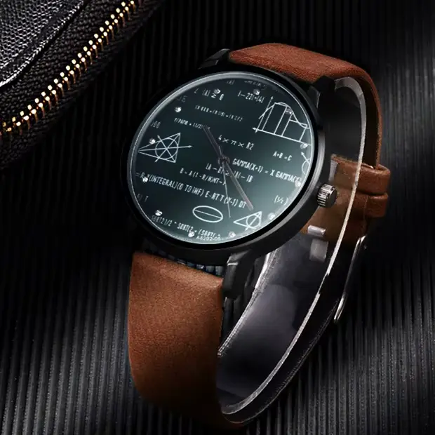 Montre homme à quartz avec formules mathématiques imprimées, bracelet en cuir, étudiant et professionnel, pour occasions quotidiennes et formelles