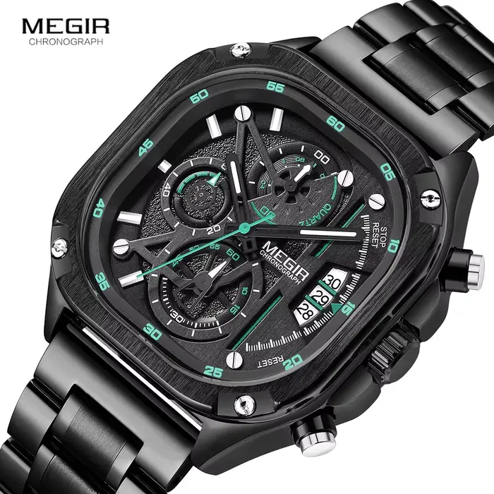 Montre MEGIR à Quartz noire homme étanche cadran carré montre-bracelet avec chronographe bracelet en acier inoxydable aiguilles lumineuses Date automatique occasions spéciales
