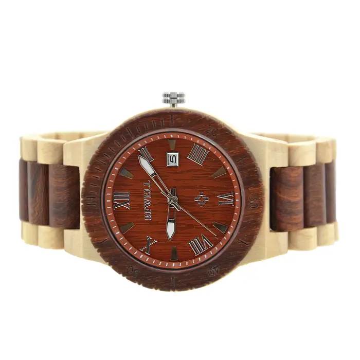 Montre Bracelet Homme en Bois Cadran Rond Faite Main Légère Date Lumineuse Quartz Occasions Spéciales Usage Journalier Décontracté