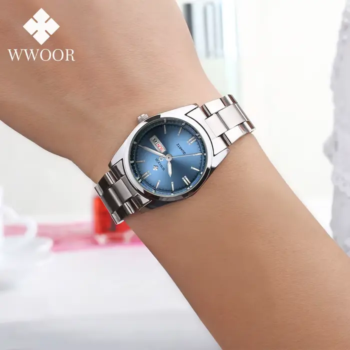 WWOOR 2024 nouveau haut de gamme marque femmes argent bleu montre mode acier inoxydable Quartz élégant étanche montre-bracelet Reloj Mujer