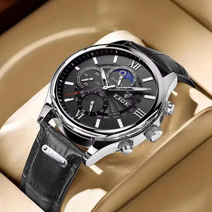 Montre homme LIGE 2026 en acier inoxydable avec bracelet en cuir pour activités sportives et occasions spéciales