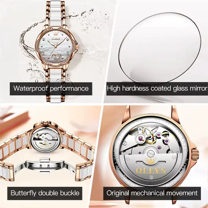 Montre OLEVS en céramique et acier inoxydable avec mouvement automatique pour femmes élégantes et sophistiquées occasions spéciales