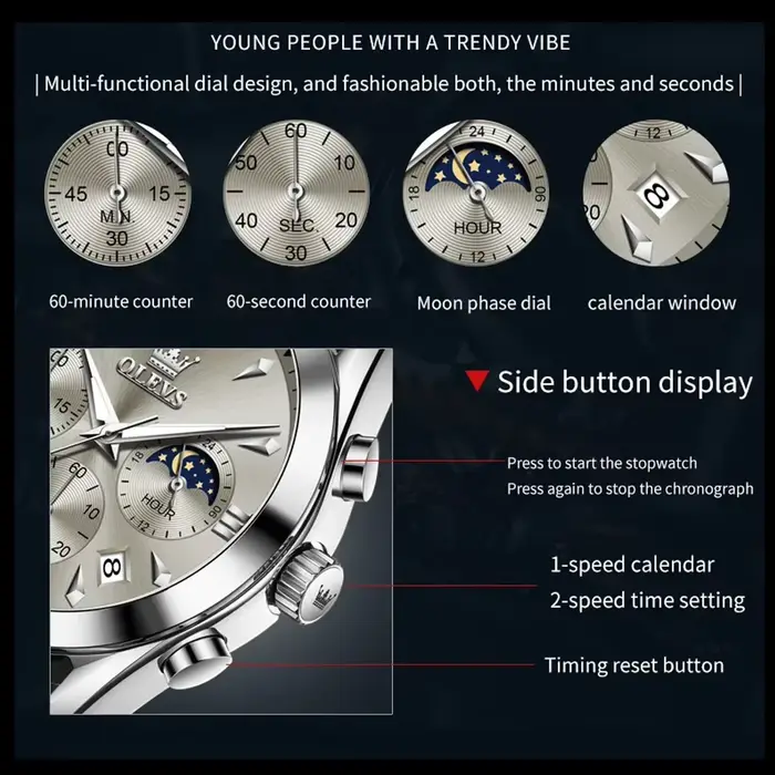 OLEVS 3609 Original Phase de lune chronographe montre pour hommes en cuir étanche lumineux luxe Quartz