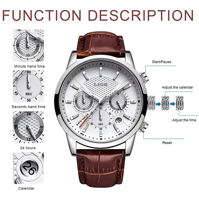 Montres hommes 2025 LIGE Top marque de luxe décontracté en cuir Quartz montre
