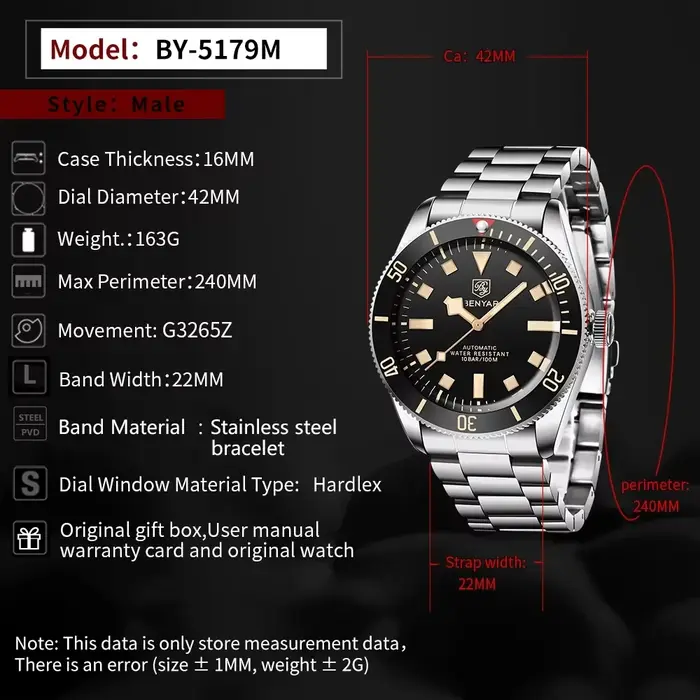 Montre mécanique automatique BENYAR pour homme